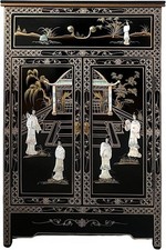 Oriental Chinese Black Lacquer Mother of Pearl Cabinet with Drawer