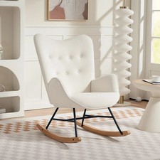 Upholstered Velvet Rocking Chair with Solid Wood Legs - Cream
