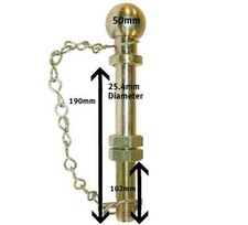 TOW BALL HITCH 25mm Pin 50mm Quad Tractor Long Threaded 190mm 25.4mm Cat 2 Chain