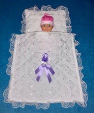 DOLLS QUILTED BRODERIE ANGLAISE PRAM & COT BEDDING SET WITH RIBBONS 10" X 12"