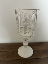 Large 31cm Cream Metal & Glass Goblet Hurricane Candle Lantern Fleur De Lis