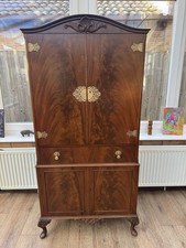 Antique Mahogany Burr Walnut Cocktail Cabinet Queen Anne Style 1930s By Herkel