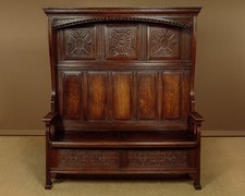Carved Oak Canopy Top Box Settle c.1920