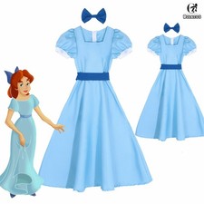 Peter Pan Wendy Darling Cosplay Costume Kids Adults Sky Blue Dress Party Suit