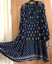 Fat Face Navy Blue & White Print Knee Length Tunic Smock Dress, Size 14-16