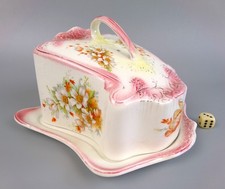 Victorian Byron Cheese Dish Dome. Cover & Stand.  White Pink Antique VTG Floral