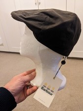 Mens Barbour Dark Olive Wax Cotton Checked Lined Snap Peak Flat Cap Size 7 3/8