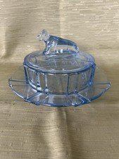 Rare Blue Glass Round Butter Dish Cow 1930’s Art Deco by Stolze Heřmanova Hut