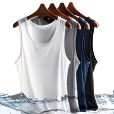 Mens T Shirt Ice Silk Mesh Hole Gym Sports Gym Tank Tee Quick-Drying Vest Tops ♡