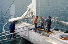Eric Tabarly aboard his trimaran Pen Duick IV to repair it in 1968 Old Photo