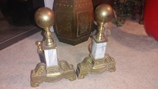 Vintage Mid Century Marble Brass Fireplace Andirons Pair  Hollywood Regency 19"