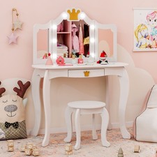 Kids Vanity Set with Lighted Mirror Princess Table & Chair White
