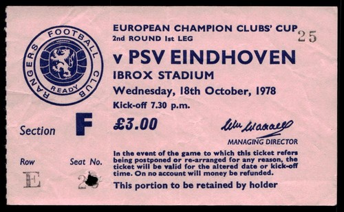 Ticket 1978 rangers psv - ticket,