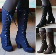 Women's Lace Up Booties Steampunk Knee High Boots Gothic Retro Block Heels Shoes