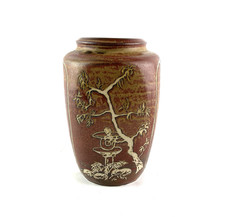 Vintage Studio Pottery  Hand Carved Japanese Style vase Marked F G