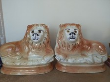 Antique Pair of Victorian Mantel Lions, Staffordshire, Recumbent Lions, Sadler