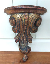 Vintage French wooden wall shelf, ornate gold  carved candle sconce