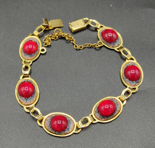 Enamel Jewel Hinged Bracelet Enamel with Red Crystals Embossed Enamel Limoges
