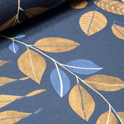 Navy blue leaf wallpaper brown - navy,