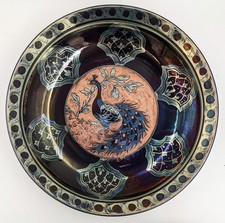 LARGE JONATHAN CHISWELL JONES STUDIO POTTERY PEACOCK LUSTRE CHARGER 20TH CENTURY