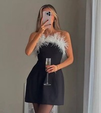 ZARA NWT WOMAN STRETCH MINI DRESS WITH FEATHERS BLACK SIZE M 4772/226