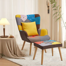 Patchwork Chair Reading Bedroom Lounge Armchair Chair High Back With Footstool