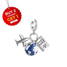 World Travel, Airplane Passport Globe S925 Sterling Silver Bead Charm for Women