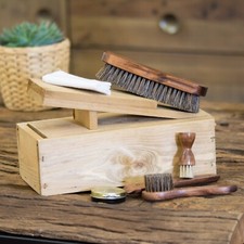 Vintage Wooden Shoe Polish Shine Cleaning Kit Storage Box Angled Foot Rest