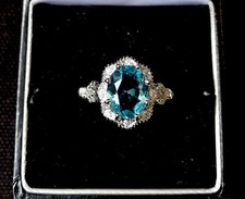 Vintage Style Aquamarine Topaz And Zircons Ring 18K White Gold Plated