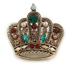 Vintage Inspired Multicoloured Crystal Pearl Crown Brooch in Aged Gold Tone -