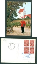 Denmark. Postcard 1980 FD. 4-Block Sc#676. Postman,Mail,Church .Adr: Skovby