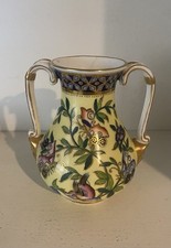 ANTIQUE ROYAL CROWN DERBY VASE, YELLOW GROUND PAINTED WITH BIRDS & FLOWERS