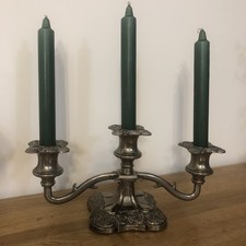 Lovely Vintage Low Profile 3 Arm Silver Plated Candelabra With Green Candles