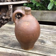 Antique Early 20th Century French Salt Glaze Stoneware Wine Cider Oil Jug Flagon