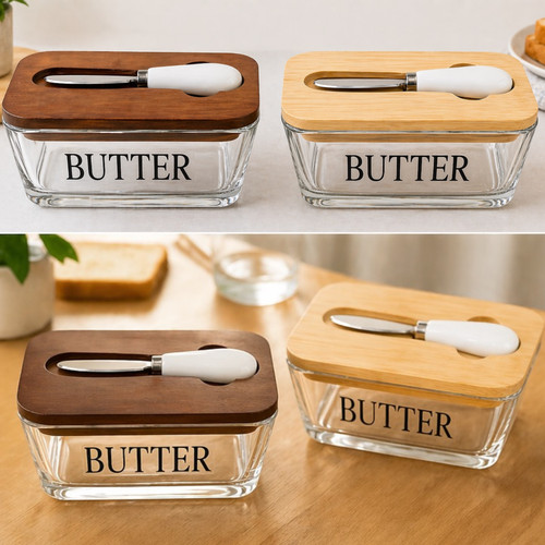 Glass butter dish - dish, bamboo