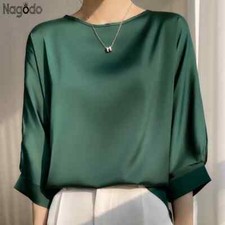 Women's Satin Silk Blouse Top Half Sleeve Loose Fit O-Neck Summer Tee M-XXL