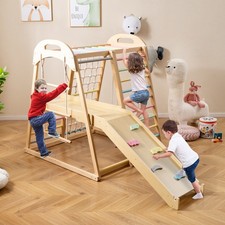 8-in-1 Jungle Gym Wooden Montessori Climber Playset with Swing-Multicolor