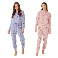 Ladies Fleece Pyjamas Pajama Set Womens Sock Print PJs Blue Pink