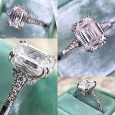 Art Deco 3Ct Emerald Cut Lab Created Diamond 14K White Gold FN Engagement Ring
