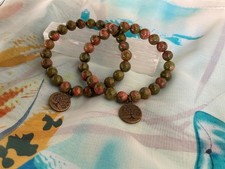 2 Unakite 8mm Bracelets With Bronze Tree of Life Charm Growth Renewal Fertility
