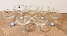 A Set of 7 Vintage 1950s White Fawn Babycham Glasses Gold Rims  Hexagonal Stems