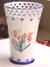 Handpainted Delft Blue Ceramic Vase With Tulip Design & Lattice Detail From Holl