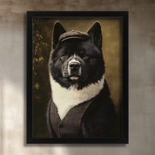 American Akita Dog Wall Art Pet Portrait Dog in Suit Vintage Animal Print Gift