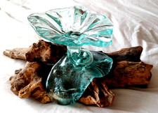 LARGE MOLTEN GLASS DISH ~ DRIFTWOOD / BOG WOOD RUSTIC ROOT STAND DECOR ORNAMENT