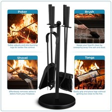 5 Piece Fire Companion Set Black Fireside Poker Brush Shovel Cast Iron Tools