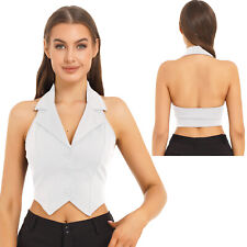 UK Womens Lapel Halter Neck Waistcoat Backless Button Down Cropped Tuxedo Vests