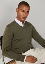 HACKETT Mens Merino Wool blend V Neck cargo green Jumper size 2XL New