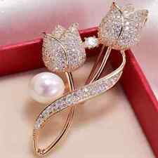 Womens Elegant Tulip Flower Faux Pearl Rhinestone Golden Brooch Pin