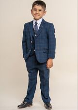 Childrens Boys Blue Tweed Check Peaky Blinders 3 Piece Suit Wedding Formal Wear
