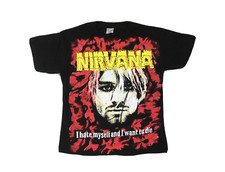 Modern Vintage Nirvana Kurt Cobain All Over Print T Shirt Mens L I Hate Myself